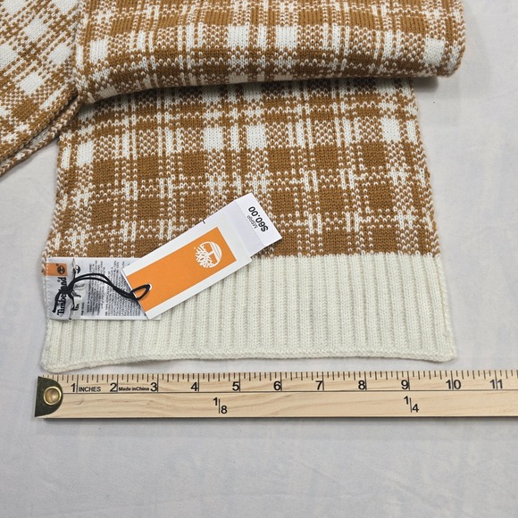Timberland Men's Plaid Knit Scarf Brown White OS - Picture 3 of 6